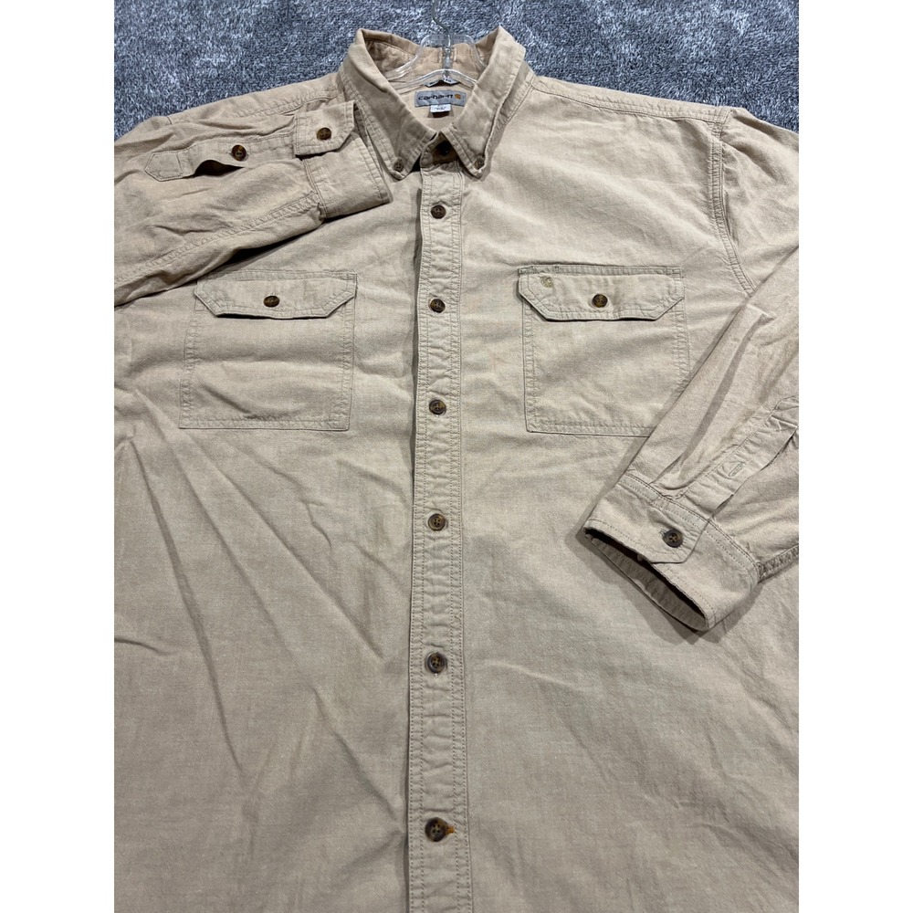 Carhartt Mens 2XL Relaxed Fit Long Sleeve Button Down Shirt Tan Khaki Cotton